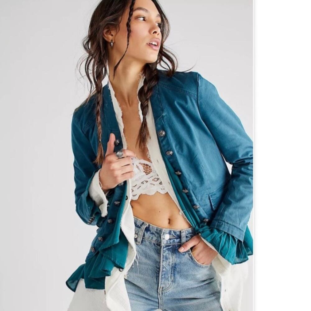 Free People Teal Blue Button-Front Jacket